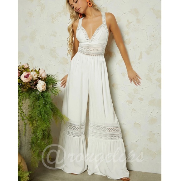 Rouge! Pants - White Lace Detail Flared Wide Leg Bohemian Jumpsuit V-Neck Criss Cross